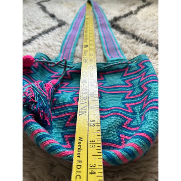 Authentic 100% Wayuu Mochila Colombian Bag cotton candy bohemian blue pink neon - Picture 15 of 16